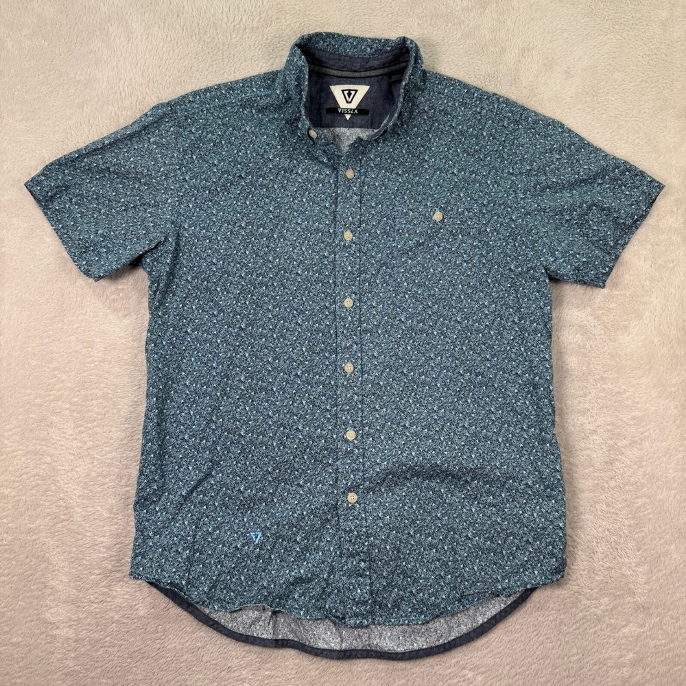 Vissla Mens Medium Dobby Weave Button Up Short Sleeve Casual Shirt Geometric EUC